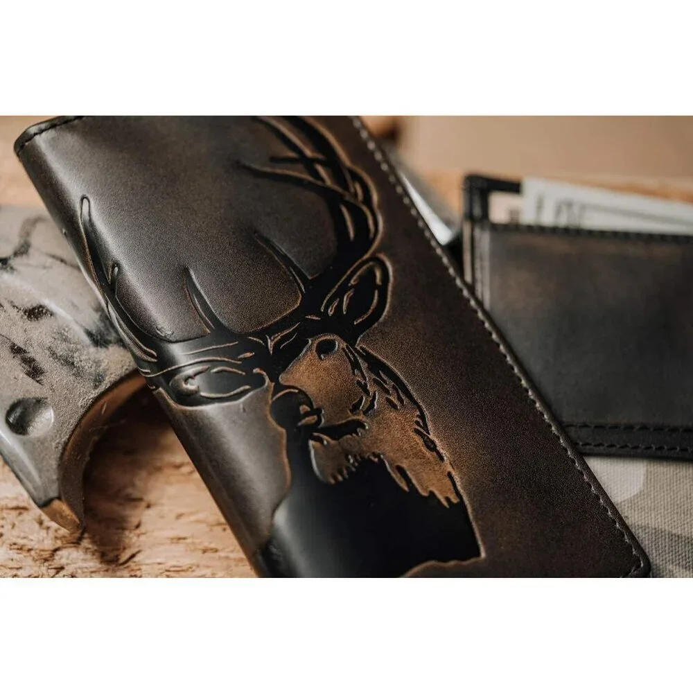Men Black Co. DEER Long Wallet Full Grain Leather Long Bifold Wallet Hunter Gift